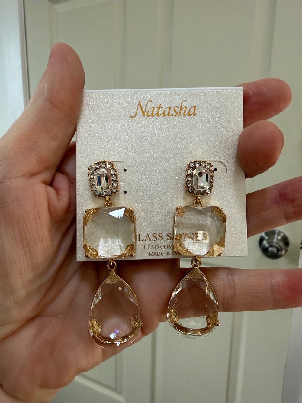 Natasha Couture Gold and Clear Crystal Triple-Drop Dangle Earrings